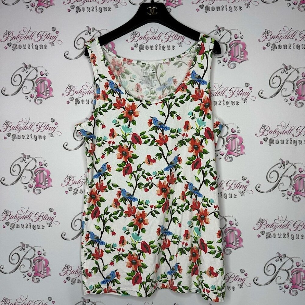 Time & tru tank top bird blue floral flowers ribbed stretchy birds leafs cute